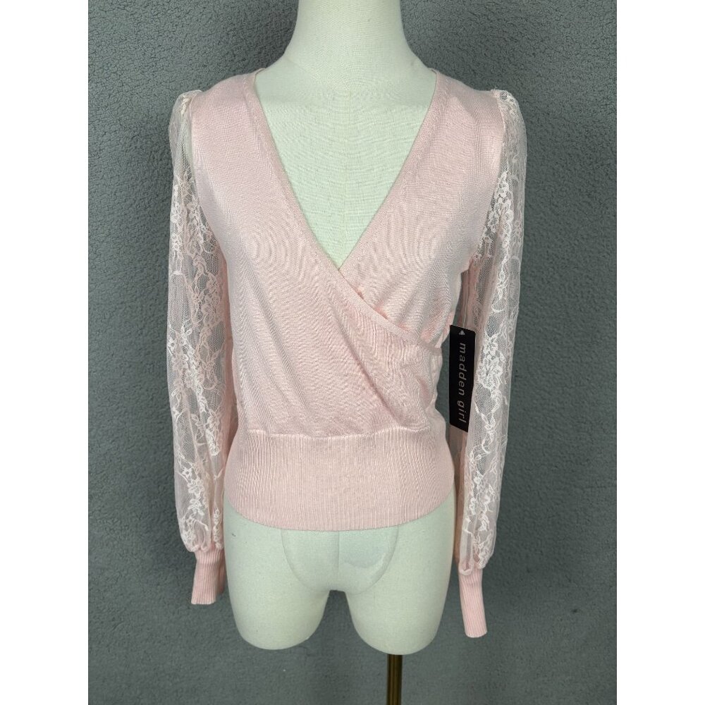 Madden Girl Juniors' Surplice-Neck Lace-Sleeve Sweater Extra Small Pink NWT's